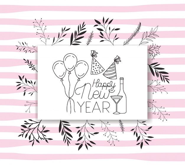 frame with happy new year lettering and wreath crown