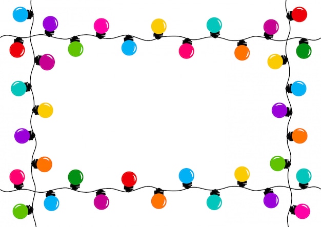 Vector frame with holiday decoration garland, colorful light bulbs