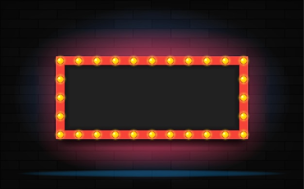 Vector frame with light bulb and space for text on brick wall background. modern illustration. realistic isolated retro rectangle. neon billboard for decoration.