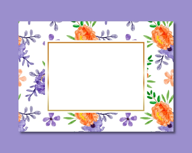 Frame with orange purple floral watercolor seamless pattern