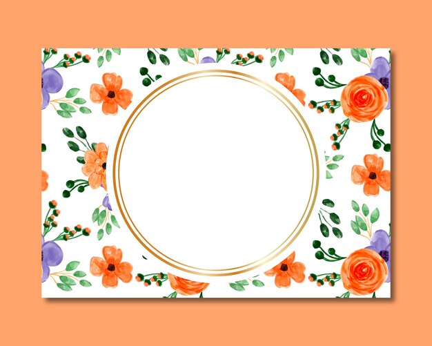 Frame with orange purple floral watercolor seamless pattern