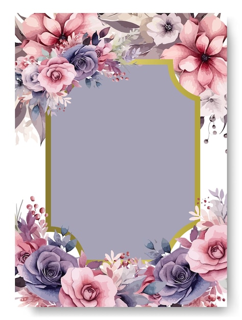 Frame with pink purple roses floral watercolor background of wedding invitation