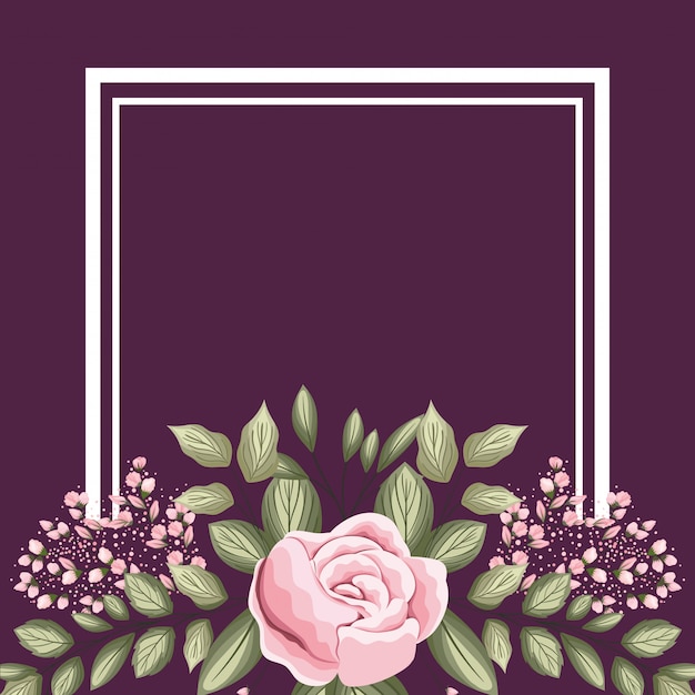Frame with pink rose flower buds and leaves painting