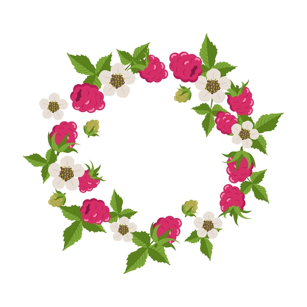 Frame with raspberries, leaves and white flowers on white