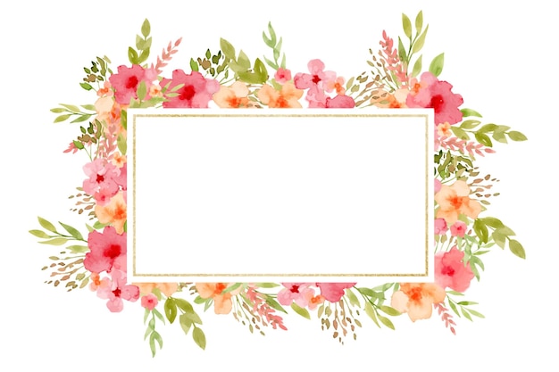 赤とピンクのフレーム 花と金色のテクスチャ 手描きの水彩画 婚礼の招待状やグリーティングカードの長方形の境界のイラスト オレンジの植物の花の背景の絵