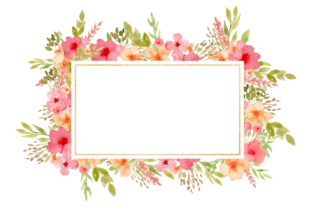 Frame with red and pink Flowers and golden texture Hand drawn watercolor illustration of rectangular border for wedding invitations or greeting cards Drawing of floral backdrop with orange plants