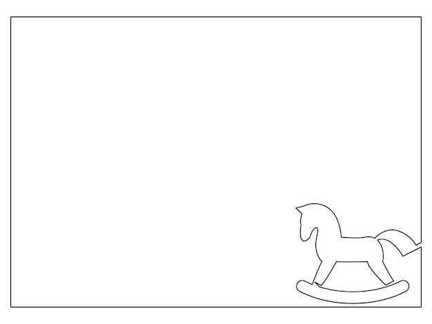 Vettore cornice con cavallo a dondolo, linea continua. illustrazione vettoriale, isolata su sfondo bianco.