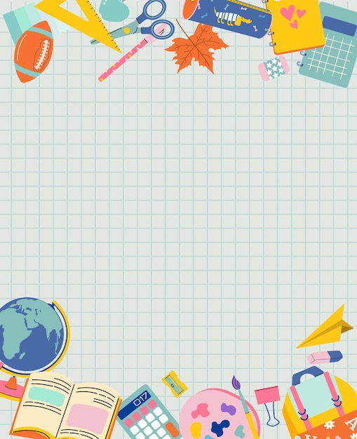 Frame with school supplies on sheet of checkered notebook space for your text vector flat