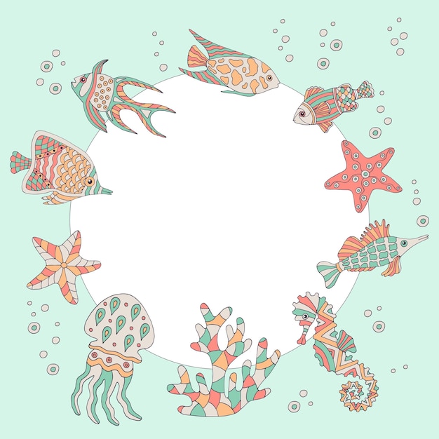 Vector frame with a set of abstract sea fish