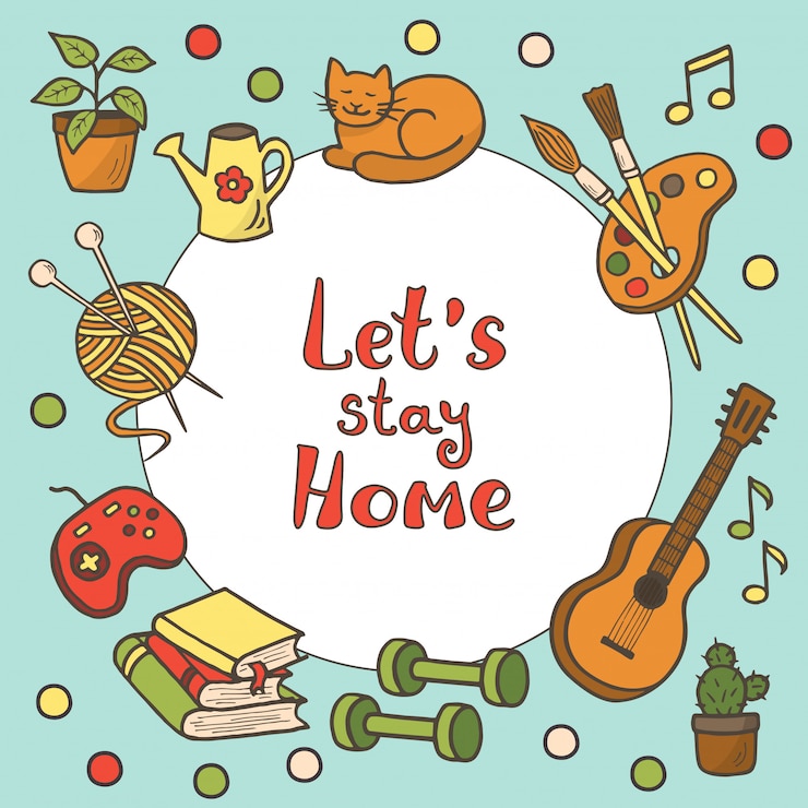 Vector frame with a set of hand-drawn doodle home activities, hobbies. slogan: stay home