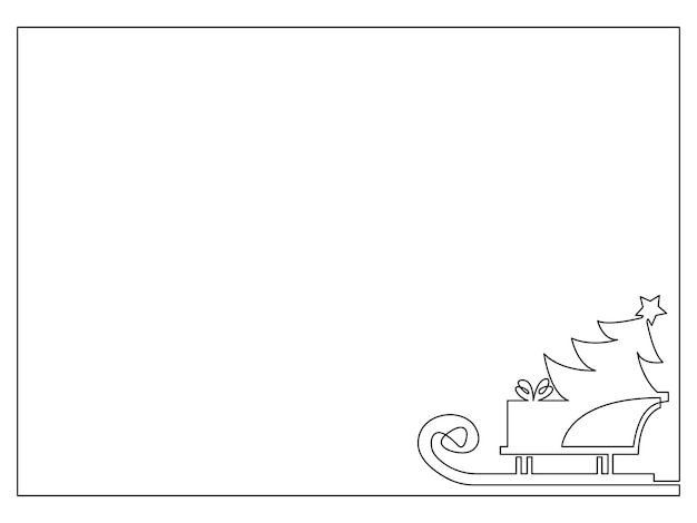 Рамка с санями Санта-Клауса с подарками и елкой, непрерывная линия.
