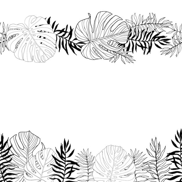 frame with tropical jungle leaves hand drawn black and white seamless boarder