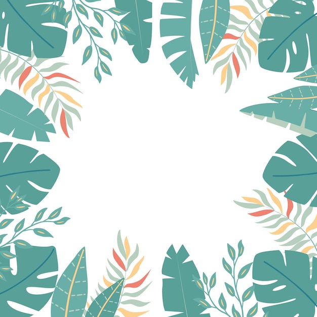 Frame with tropical leaves square summer background space for text flat vector illustration