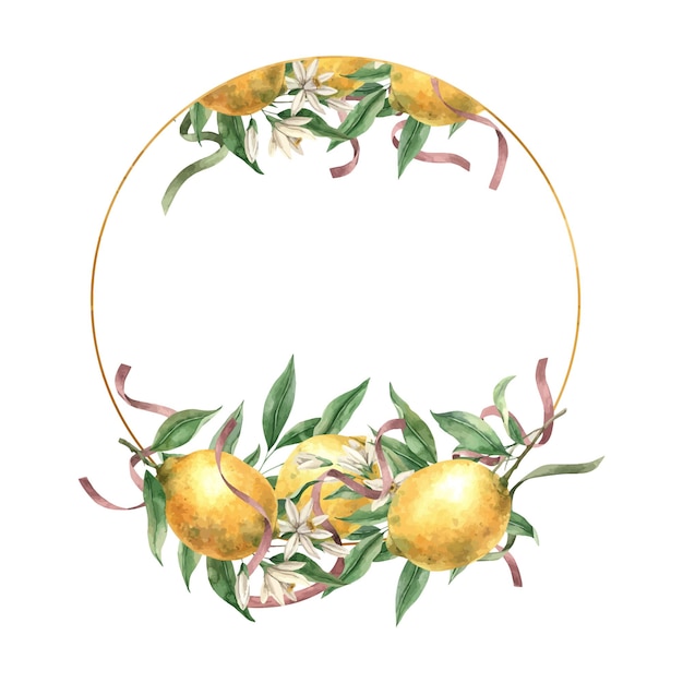 Vector frame of yellow lemons green leaves flowers and satin flax isolated watercolor illustration in vinta