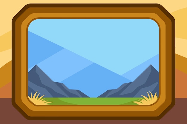 Vector a framed digital illustration of a mountain landscape with a clear blue sky two mountains