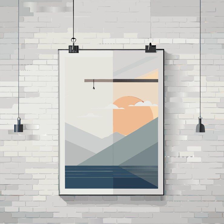 Vector 일몰의 프레임 된 그림과 벽돌 벽에 있는 그림