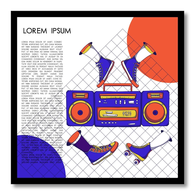 A framed poster with a blue and orange picture of a boombox and shoes.