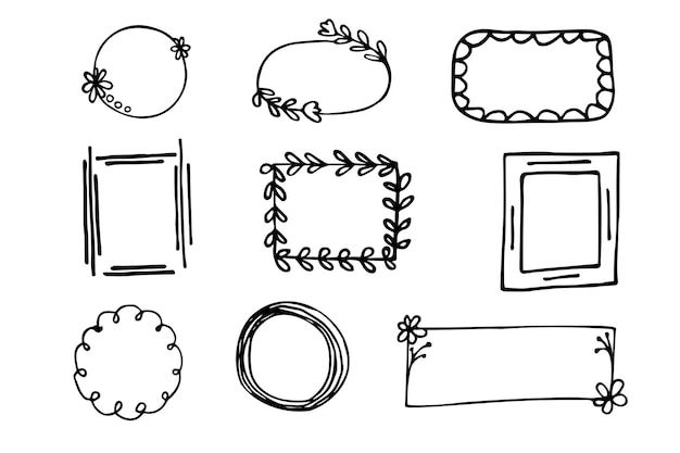 Vector frames in doodle style hand drawn frames on a white background