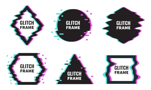 Frames glitch afbeeldingen vervormd met abstracte offset-effecten geometrische beschadigde vormen met neon gloeiende trendy minimale poster sjabloon moderne kaart of banner met kopieerruimte vector geïsoleerde set