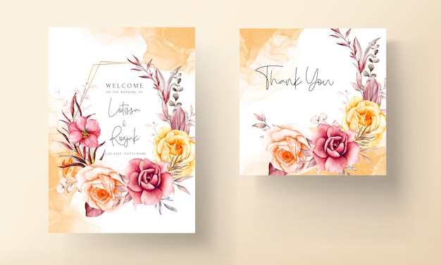 Vector frames of watercolor red flowers and leaves on wedding invitation