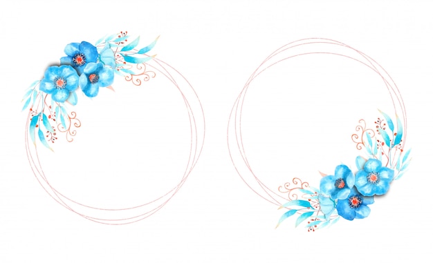 Frames with blue flowers on a round frame on a white isolated background. 