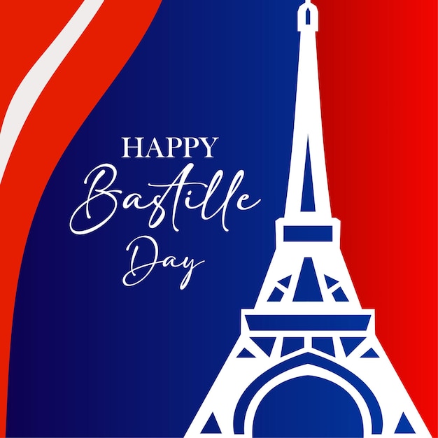 Sfondo del giorno della bastiglia francia con bandiera e poster di saluto vettoriale del giorno della bastiglia della torre eiffel