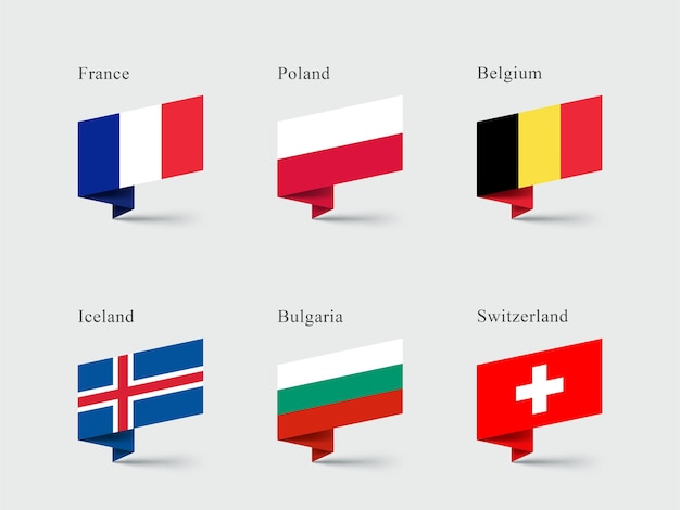 Vector france belgium switzerland flags 3d folded ribbon shapes