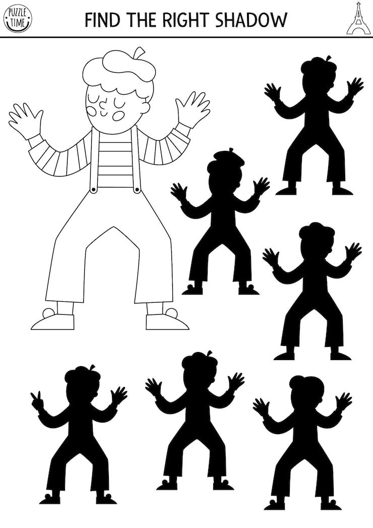 Vector france black and white shadow matching activity puzzle with mime in beret and stripy shirt find correct silhouette printable line worksheet funny french coloring page for kidsxa