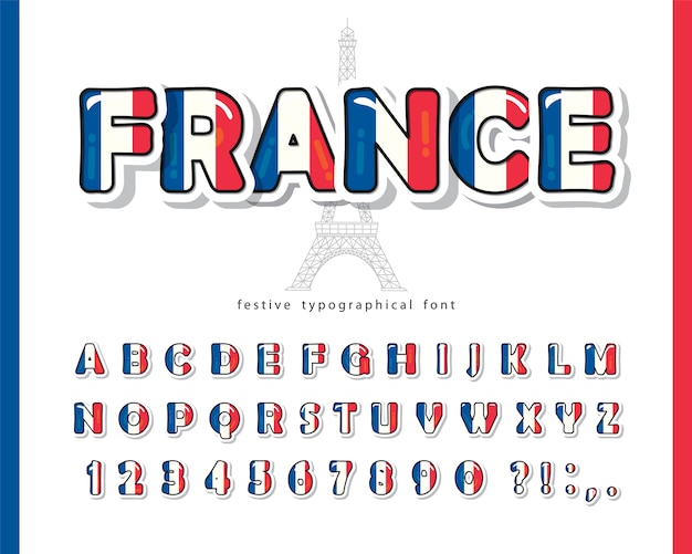 France cartoon font. French national flag colors.