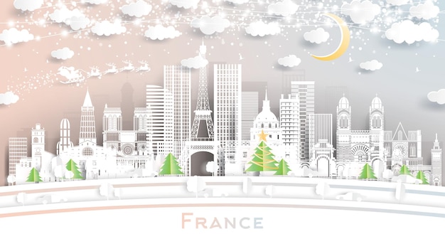 France City Skyline in Paper Cut Style with Snowflakes Moon and Neon Garland