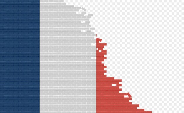 壊れたレンガの壁にフランス国旗。別の国の空のフラグ フィールド。国比較。