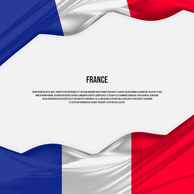 Дизайн флага Франции. Развевающийся французский флаг из атласной или шелковой ткани. Векторная иллюстрация.