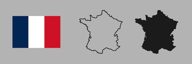 Vettore bandiera e mappa della francia silhouette lineare e illustrazione nera vector