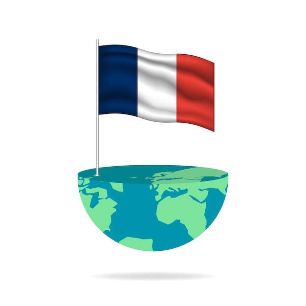 France flag pole on globe. Flag waving around the world. Easy editing and vector in groups.