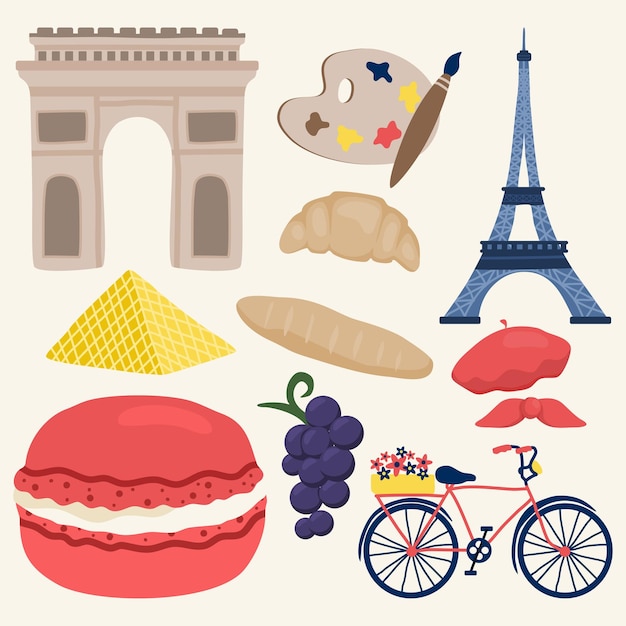 Vector france iconic objects cute hand drawn illustration set