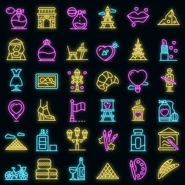 France icons set. Outline set of France vector icons neon color on black