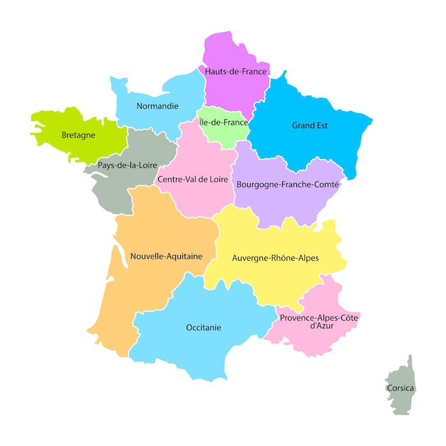 Vector france map background with regions region names and cities in color france map isolated on wb