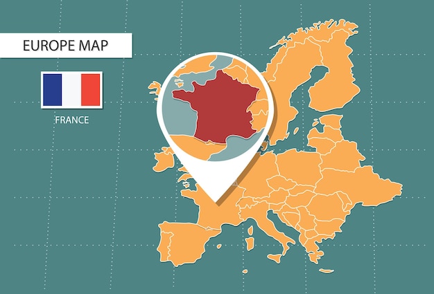 Mappa della francia in europa icone della versione zoom che mostrano la posizione e le bandiere della francia