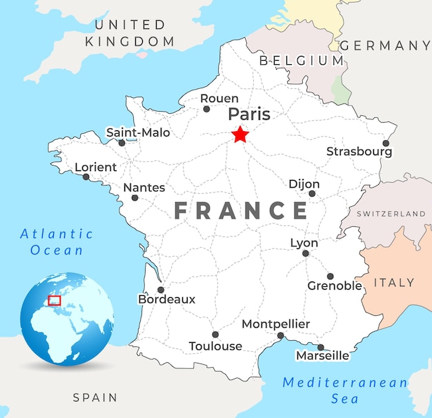 Mappa della francia con la capitale parigi, le città più importanti e i confini nazionali