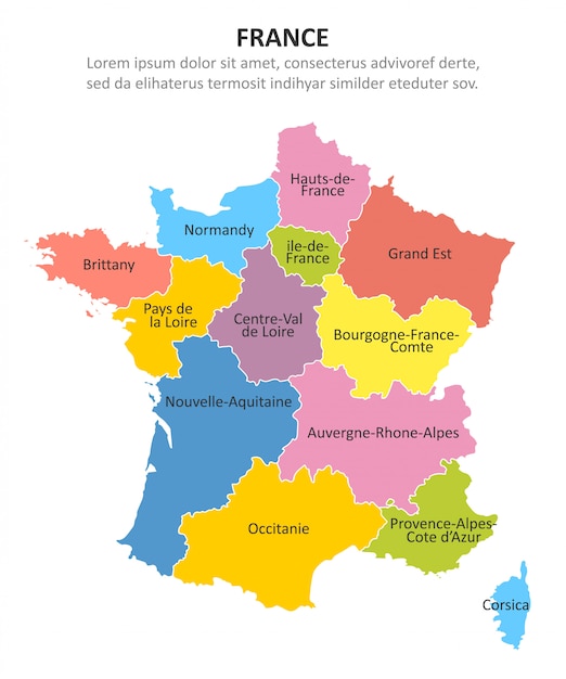 Vector france multicolored map with regions.