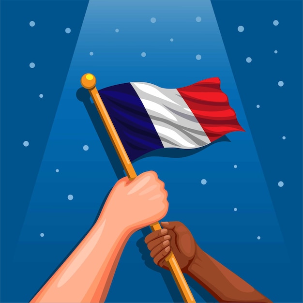 Vector france national flag on hand symbol for celebration independence day 14 july concept in cartoon illu