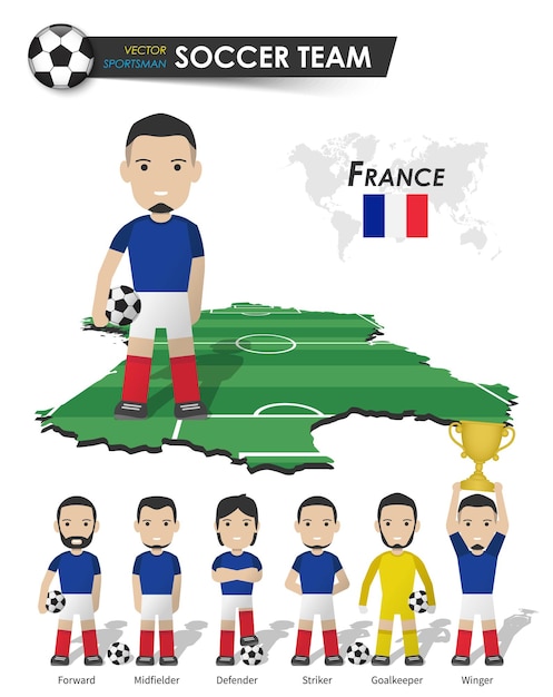 프랑스 축구 국가대표팀 . 스포츠 유니폼을 입은 축구 선수는 원근법 필드 국가 지도와 세계 지도에 서 있습니다. 축구 선수 위치의 집합입니다. 만화 캐릭터 평면 디자인입니다. 벡터 .