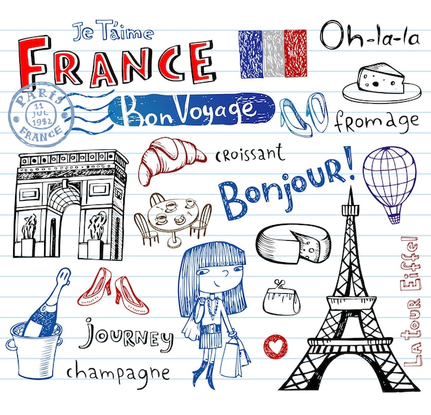 Vector france symbols as funky doodles