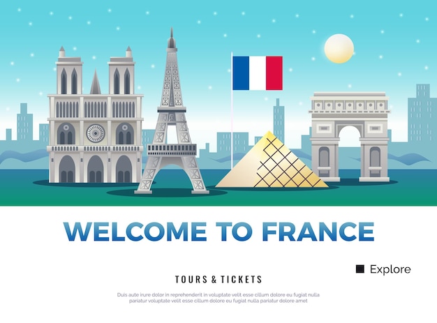 Banner turistico della francia con musei e monumenti