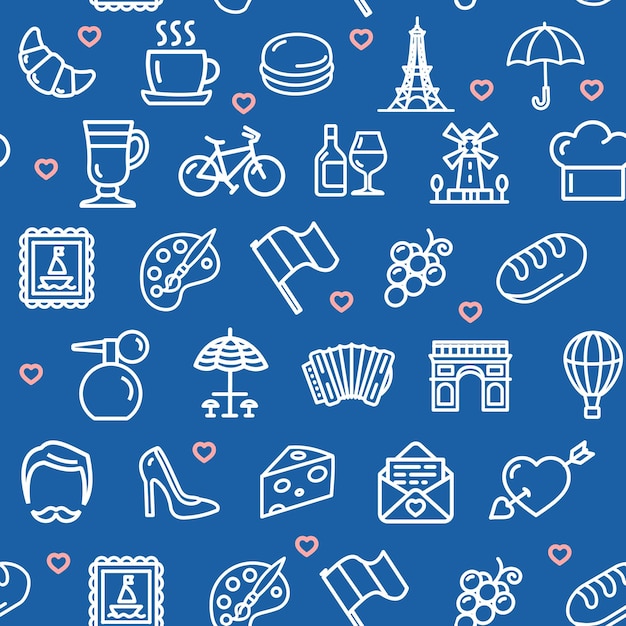 France Travel Seamless Pattern Background on a Blue Vector
