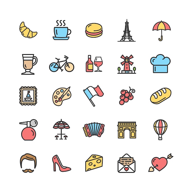 France Travel Signs Color Thin Line Icon Set Vector