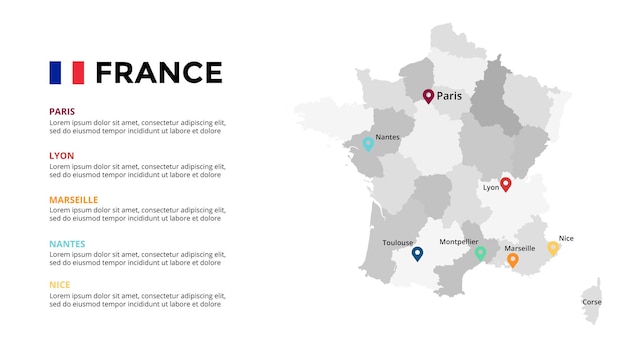 Modello di infografica mappa vettoriale francia presentazione diapositiva paese europa