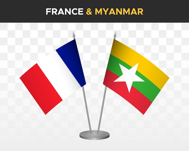 France vs myanmar burma desk flags mockup isolated 3d vector illustration french table flags