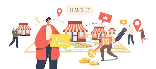 Franchise business concept. tiny male and female characters put kiosks on huge map. people start small enterprise, company or shops with home office, corporate headquarter. cartoon vector illustration
