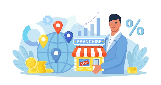 Franchise Marketing Systeem Man start franchise kleine onderneming met hoofdkantoor Breidt merkwinkelnetwerk op wereldkaart uit Zakenman verhoogt omzet Winst met franchising